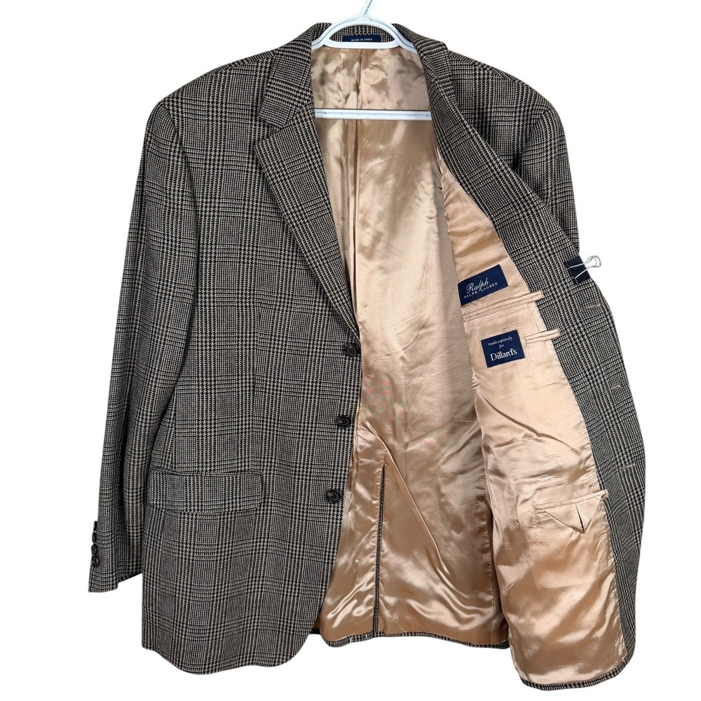 Ralph Lauren Sport Coat Mens 44L‎ Brown Glen Plaid Wool Cashmere 3-Button Blazer